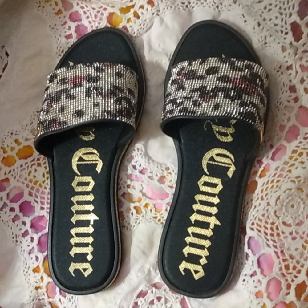 JUICY COUTURE BLINGY GOLD SILVER LEOPARD PRINT SLIDES FLIP FLOP SIZE 6 - Picture 3 of 7